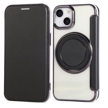 Imagem de Capa carteira para iPhone 14 com 3 compartimentos para cartão, bloqueio RFID, suporte de anel giratório de 360° e compatibilidade magnética, capa traseira transparente à prova de choque, suporta