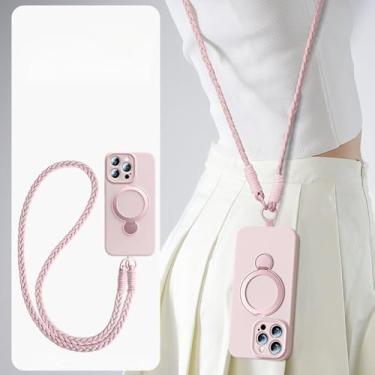 Imagem de Capa protetora de silicone líquido 360 com cordão magnético para iPhone 16 Plus 13 15 14 16 Pro Max, capa protetora macia, rosa, para iPhone 14