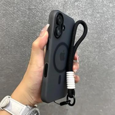 Imagem de Capa de silicone macia fosca com cordão para iPhone 16, 15, 14 Pro Max Plus, 16e, 13, 11, 12, preta, com alça de pulso dupla para iPhone 14