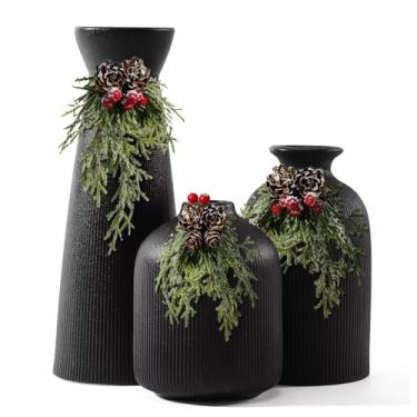 Imagem de Conjunto de 3 vasos de flores de cerâmica preta, vasos de Natal grandes com textura de listras verticais, vasos decorativos modernos de fazenda para flores secas, decoração de casa para sala de estar