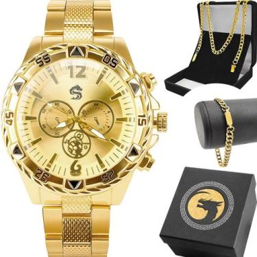 Imagem de Relógio Masculino Analógico Dourado Aço Inox Caixa Grande Kit Cordão e
