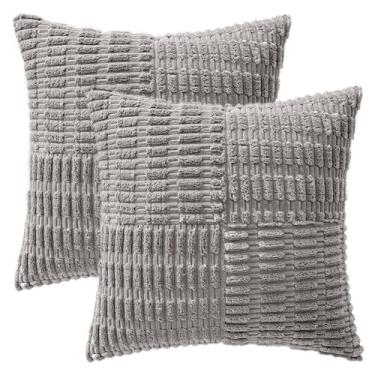 Imagem de Pacote com 2 capas de almofada decorativas de veludo cotelê macias para decoração de casa de fazenda moderna para sala de estar sofá 45 x 45 cm cinza
