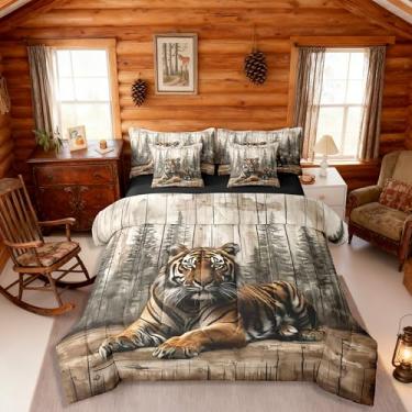 Imagem de Erosebridal Conjunto de edredom completo de tigre 3D com 7 peças, animais selvagens, caça, vida selvagem, vintage, floresta, para mulheres e adultos