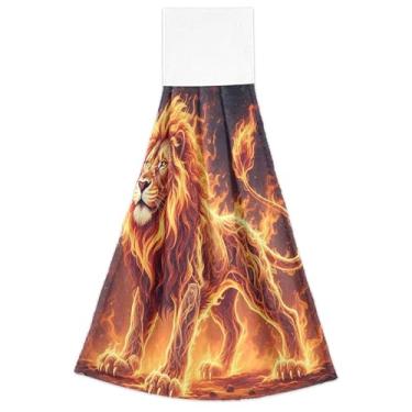Imagem de Joisal Toalhas de mão Fierce Lion Blazing Fire Golden Fall com laços para pendurar toalhas de forno, conjunto de 2 toalhas de cozinha ultra absorventes para decoração de casa, 46 x 35 cm