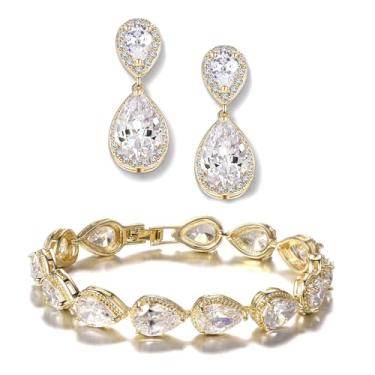 Imagem de UDYLGOON Brincos pendentes de lágrima conjunto de joias de casamento para noiva dama de honra mulheres festa presentes de formatura, Zircônia cúbica, Zircônia cúbica