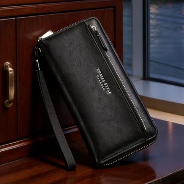Imagem de Carteira masculina, bolsa de couro longa com zíper único e compartimento externo para cartão de acesso rápido, design macio para transporte manual com bolso para telefone e bloqueio RFID (preto)