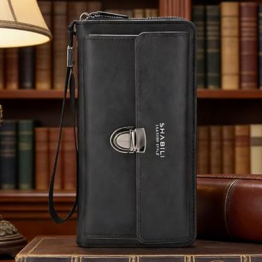 Imagem de Carteira masculina clássica preta vertical de couro liso de grão de lichia, design vertical clássico com fecho magnético, couro liso de grão de lichia, vários cartões