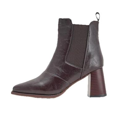 Imagem de Botas femininas retrô grossas plataforma cano curto bico quadrado fino reforço elástico estilo inverno quente tamanho grande, Marrom, 35