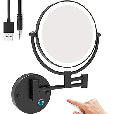 Imagem de CZCZC Espelho de banheiro de 20 cm montado na parede preto, espelho de maquiagem recarregável USB frente e verso ampliação 1X/7X luz LED ajustável espelho de barbear com tela sensível ao toque espelho