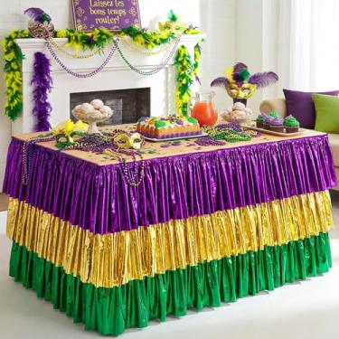 Imagem de Hillsuren Saia de mesa Mardi Gras decorações de festa de carnaval tutu folha metálica roxa verde dourada toalha de mesa retangular e redonda descartável para desfile de carnaval, 180 cm x 76 cm