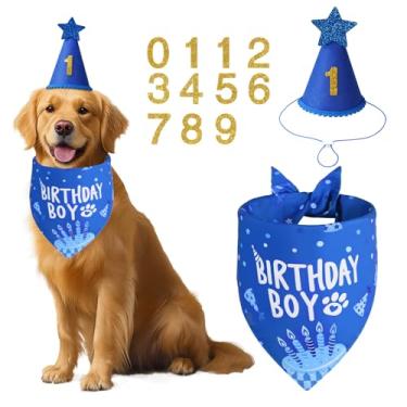 Imagem de Agroon Artigos de festa de aniversário para cães, conjunto de aniversário de cachorro azul com chapéu, números bandana para meninos pequenos e filhotes