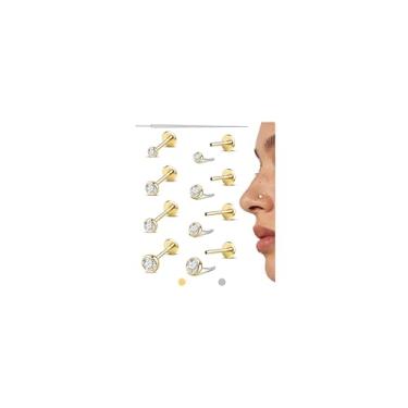Imagem de GEMQUEEN G23 Brincos de titânio com costas planas hipoalergênicos: brinco sem fio banhado a ouro 14 k 16 g 18 g 20 g cartilagem hélice tragus concha piercing joias pequenos nariz lábio labret tachas