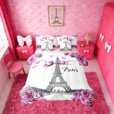 Imagem de Erosebridal Conjunto de edredom Coquette com laço e laço para crianças, meninas, cama de rosa vermelha em uma bolsa, tamanho solteiro, 7 peças, decoração de quarto, roupa de cama estética romântica