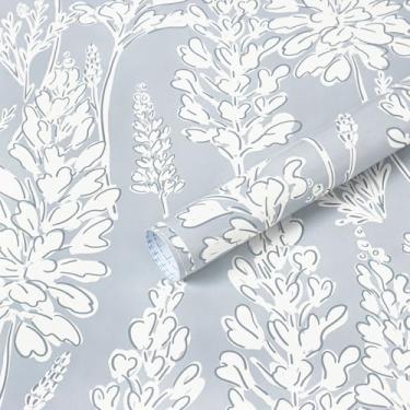 Imagem de Ismoon Papel de parede floral Peel and Stick Papel de parede azul Boho 43 cm x 93 cm Papel de parede neutro amigável para locatário papel de parede autoadesivo removível para quarto cozinha decoração