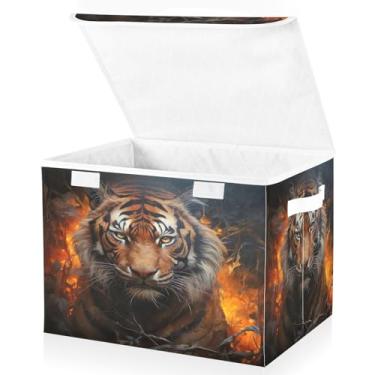 Imagem de Blueangle Cestos de armazenamento flaming Tiger com tampas, 42 x 32 x 30 cm, grande cesta organizadora dobrável para decoração de casa e escritório (600)
