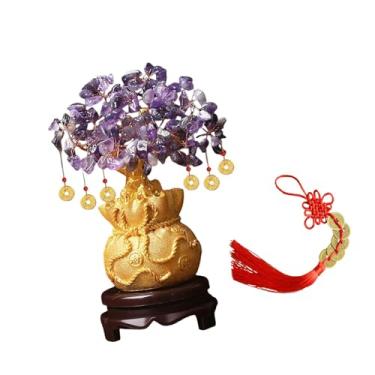 Imagem de FLCPJGV Bonsai Árvore da Fortuna Feng Shui com Moeda de Decorativa para Sala de Estar, Casa ou Loja, S Purple