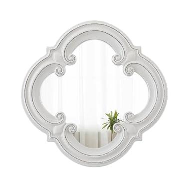 Imagem de Sintosin Espelho rústico pequeno recortado, 30,5 cm, moldura de madeira envelhecida, quadrifólio, espelhos brancos para decoração de parede, sala de estar, espelho em forma de trevo de quatro folhas