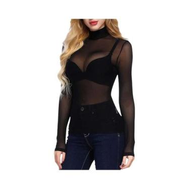 Imagem de Camiseta Feminina De Manga Longa Ultra-Fina Em Malha Preta, Top Sexy E