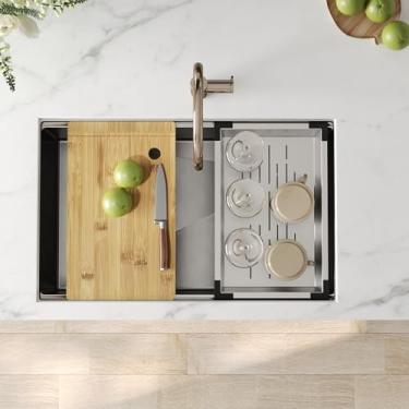 Imagem de Pia de cozinha DeerValley Workstation 76 cm, aço inoxidável calibre 18, feita à mão com acessórios embutidos, design de borda e tábua de corte