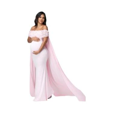 Imagem de Vestido Maxi Floral De Maternidade Com Ombros À Mostra E Capa De Malha