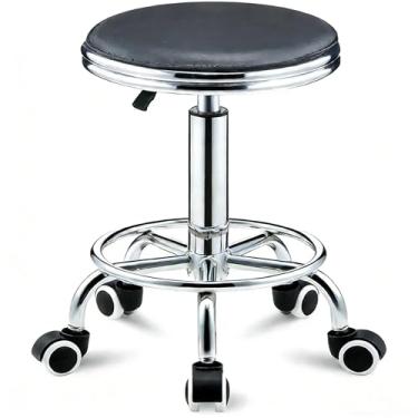 Imagem de AIROW Banqueta redonda com rodas, cadeira ajustável em altura giratória de 360°, almofada acolchoada de espuma de alta densidade para tatuagem de massagem de salão de spa