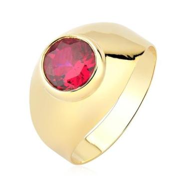 Imagem de Anel masculino pedra vermelha redonda largo ouro 10k ah11 - MAEHLER, 2