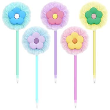 Imagem de Biiange 5 peças de canetas de flores de pelúcia, canetas esferográficas fofas com pompom e pompom, caneta de escrita macia e fofa para escritório, diário e presente