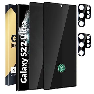 Imagem de CWQZGUF Pacote com 2 + 2 protetores de tela de privacidade compatíveis com Galaxy S22 Ultra 5G - 2 películas de vidro temperado + 2 protetores de lente de câmera, sem bolhas de alta clareza, proteção