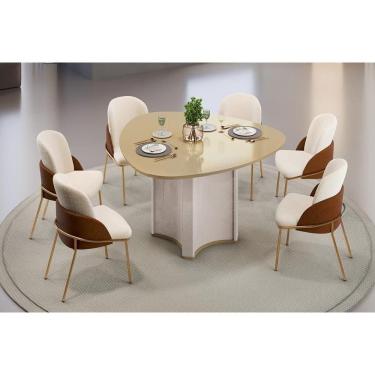 Imagem de Mesa Cozinha Chanel c/ Tampo Madeirado c/ Vidro Orgânico 136x136cm e 6 Cadeiras Vitta Off White/Dourado - Boucle Perola/Terracota-DJ Móveis