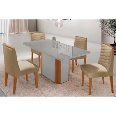 Imagem de Conjunto: Mesa de Cozinha Pietá Tampo c/ Vidro Curvo 120cm+4 Cadeiras Maldivas Naturale/Off White - Linho Bege - Rufato