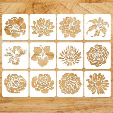 Imagem de 12un Grandes Estênceis de Flores para Pintura, 30,5x30,5cm Reutilizável Floral Estêncil Modelos de Flores Grandes para Parede Madeira Tela Móveis Cercas DIY Casa Artesanato Decoração