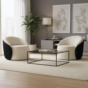 Imagem de Poltrona Sala Orgânica Kit 2 Lua Fixa Sintético Pu Preto/linho D03 - D`rossi Cor Bege