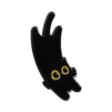 Imagem de Broche De Esmalte Gato Preto Desenho Animado Olhos Grandes Gatinho Ani