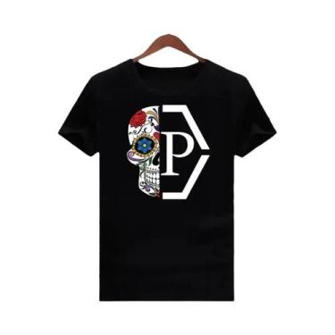Imagem de Camiseta Unissex Com Estampa De Meio Crânio E Flores, Gola Redonda, Ma