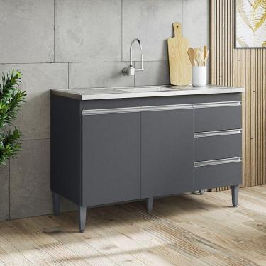 Imagem de Balcão Gabinete De Pia Sem Tampo 120Cm 2 Portas 3 Gavetas Andréia Cinza Fosco - Ajl Móveis