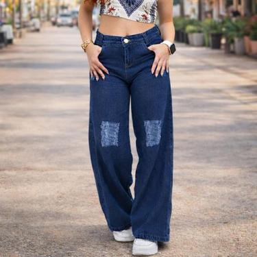 Imagem de Calça Jeans Feminina Pantalona Wide Leg Com Bolsos Infantil Juvenil Me