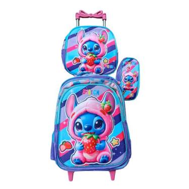 Imagem de Kit Mochila Stitch Morango em 3D com Rodinhas + Lancheira Térmica + Es