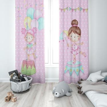 Imagem de Cortina Tecido Oxford Quarto Infantil Poá Rosa Meninas Circo - 140x220