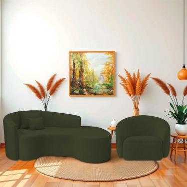 Imagem de Kit Recamier Curvo Sala De Estar Inglaterra 200cm Lado Direito E Poltrona Orgânica Luxo Amore Linho Verde