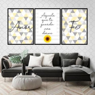 Imagem de Kit 3 Quadros Decorativos Amor E Fé Geométrico 34x23cm