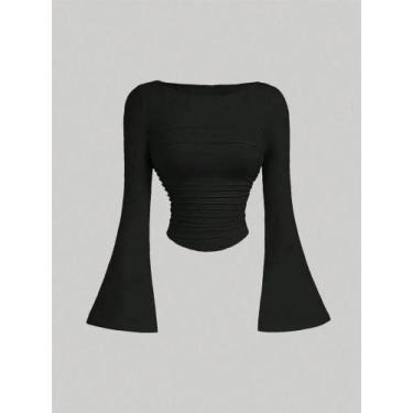 Imagem de Camiseta Feminina Slim Fit Franzida - Manga Comprida, Gola Redonda e B