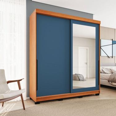 Imagem de Guarda-Roupa Casal Madrid 2 Portas 2 Gavetas com Espelho Azul/Freijó - Politorno