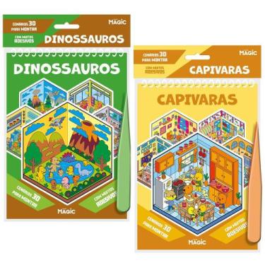 Imagem de Kit 2 Livros Infantil Adesivos 3D Cenários para Montar Coordenação Mot