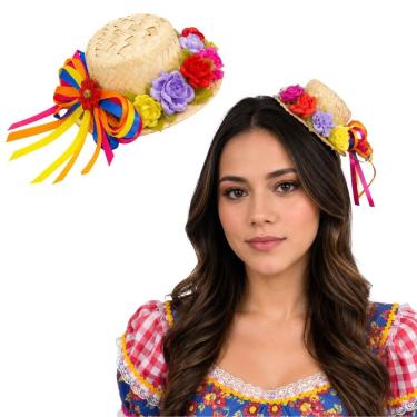 Imagem de Mini Chapéu Decorativo de Palha com Flores e Fitas para Festa Junina com Presilha Extra Festas