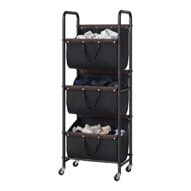 Imagem de GRANNY SAYS Organizador de roupa com 3 laços, cesto de roupa suja com rodas, organização e armazenamento de lavanderia, carrinho de lavanderia com 3 seções para dormitório, banheiro, quarto, armário