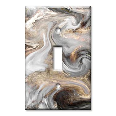 Imagem de Art Plates - Placa de interruptor de alternância única - 1 interruptor de luz de metal decorativo placa de parede de metal - mármore redemoinho cinza, branco e marrom - impressão em granito (feito nos