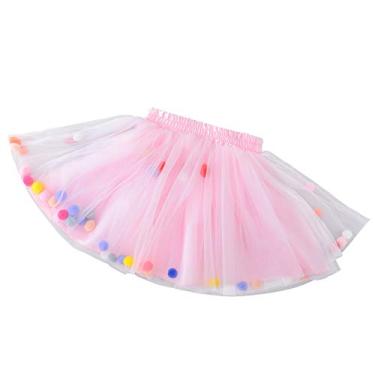 Imagem de Saia tutu infantil adorável rosa midissaia colorida bolas felpudas gazes vestido de princesa fantasia para meninas (tamanho GG)