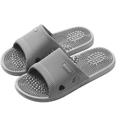 Imagem de Pantufas de massagem de acupressão para reflexologia, terapia, pé neuropatia, fascite, alívio da dor e acupuntura, sandálias de massagem antiderrapantes para alívio de estresse, presentes para banho (cinza, masculino 38-41)