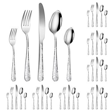 Imagem de Wemay Conjunto de talheres de aço inoxidável 40 peças conjunto de talheres polido espelho 8 facas 8 garfos 8 colheres 8 garfos de chá 8 colheres de chá com belo padrão de flores