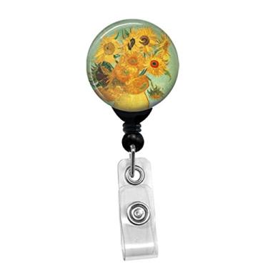 Imagem de Vincent Van Gogh – Girassóis – Molinete retrátil para crachá – Identificador de crachá personalizado, Black Badge Reel With Spring Pinch Clip